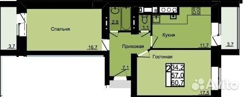 2-к квартира, 60.7 м², 4/9 эт.