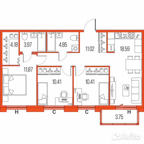 3-к квартира, 75.3 м², 2/22 эт.