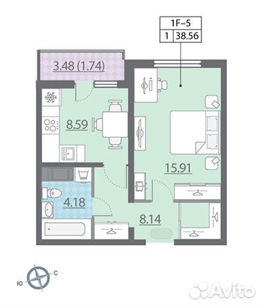 1-к квартира, 38.6 м², 9/25 эт. 1-к квартира, 38.6 м², 9/25 эт.