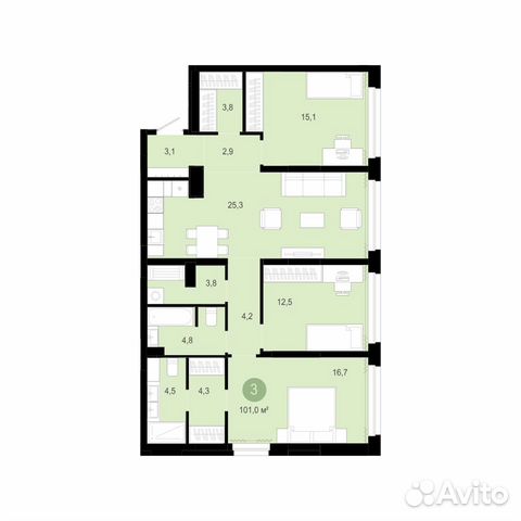 3-к квартира, 101 м², 2/10 эт.