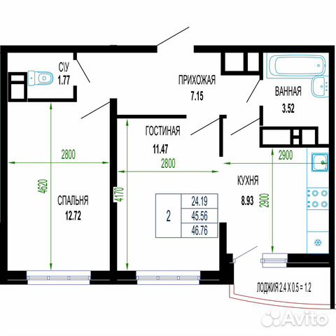 2-к квартира, 46.8 м², 12/24 эт.