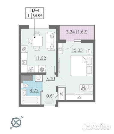 1-к квартира, 36.6 м², 14/22 эт.