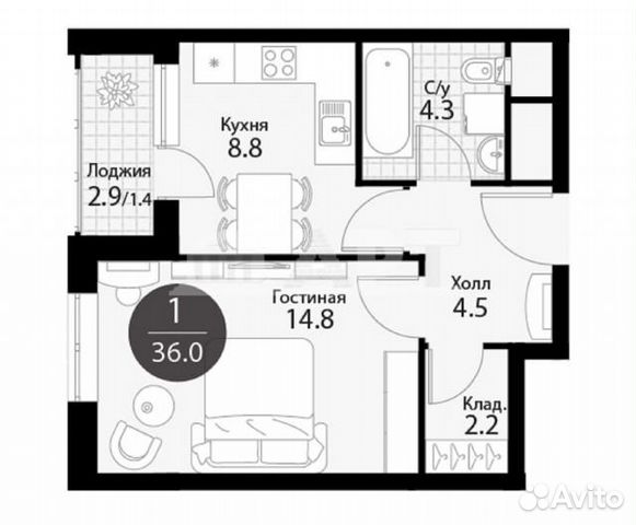 1-к квартира, 36 м², 16/22 эт. 1-к квартира, 36 м², 16/22 эт.