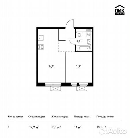 1-к квартира, 35.9 м², 7/17 эт.