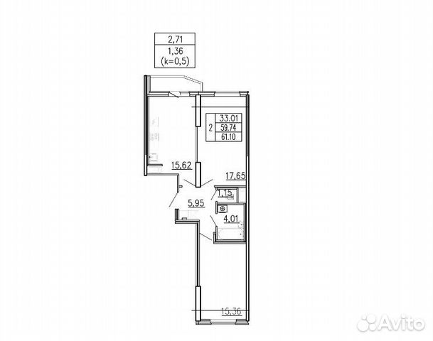 2-к квартира, 61.1 м², 17/19 эт.