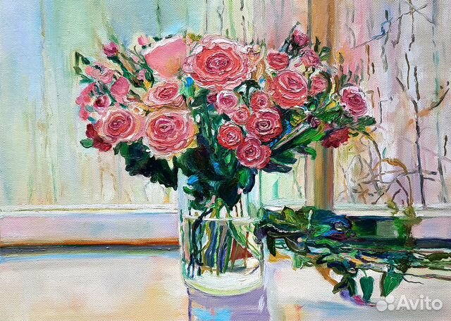 Картина маслом Розы у окна 30 на 40 см