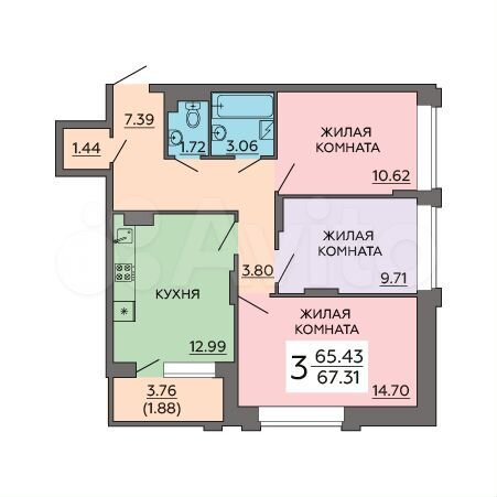 3-к. квартира, 67,3 м², 13/21 эт.