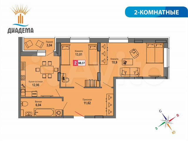 2-к. квартира, 66,4 м², 2/22 эт.