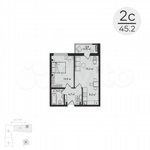 2-к. квартира, 45,2 м², 6/6 эт.