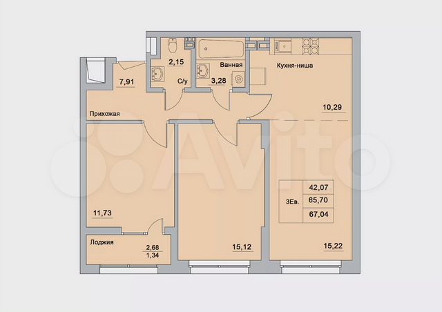 3-к. квартира, 67 м², 3/15 эт.
