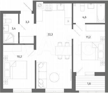 2-к. квартира, 56,6 м², 1/5 эт.