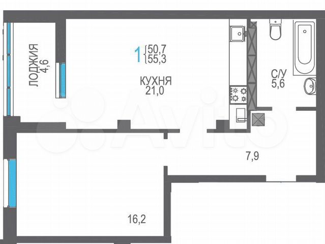 1-к. квартира, 55,3 м², 2/8 эт.