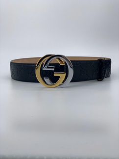 Ремень Gucci Signature двухцветная пряжка золото с