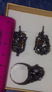 Набор серебро с камнями(кольцо и серьги) ручная ра