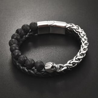 Браслет мужской кожа камень сталь Череп LTH064