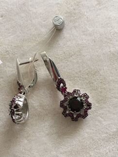Новые Серебряные серьги с гранатами и феонитами