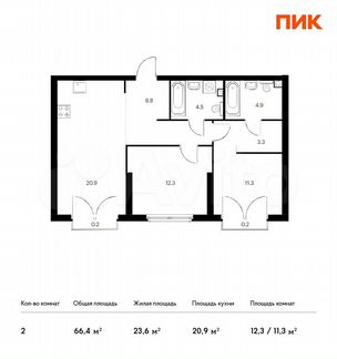 2-к квартира, 66.4 м², 13/32 эт.