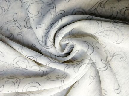 Тюль лён с вышивкой веточки серый