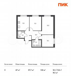 3-к квартира, 67 м², 24/25 эт.